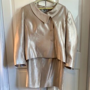Suit Studio Gold Asymmetrical Peplum Dress with Puff Sleeves